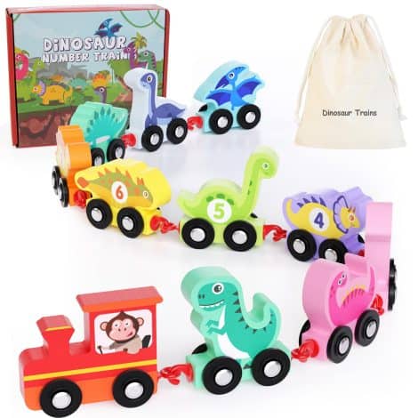 Educational HELLOWOOD Dino Train Set: Learn numbers 0-10 playfully with wooden Montessori toys. Perfect for 2-4-year-olds.