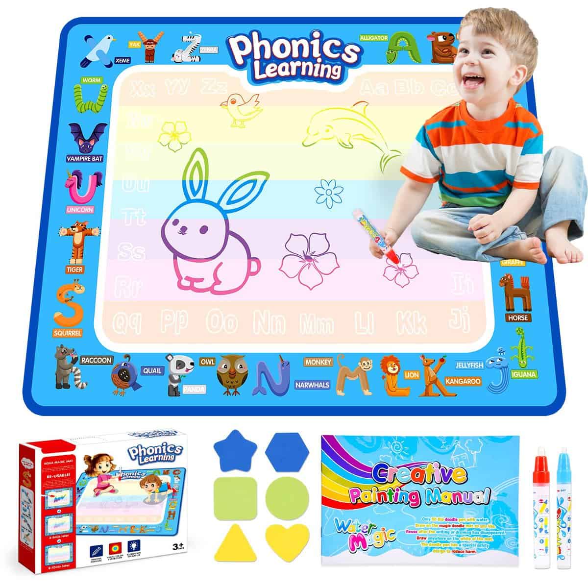 Grriopi Toddler Toys for 2 3 4 5 Year Old Boys Girls, Water Doodle Mat Gifts for 1-6 Year Girls Stocking Fillers, Educational Toys for 2-5 Year Olds Water Drawing Mat Birthday Gift for Kids（80*60CM）