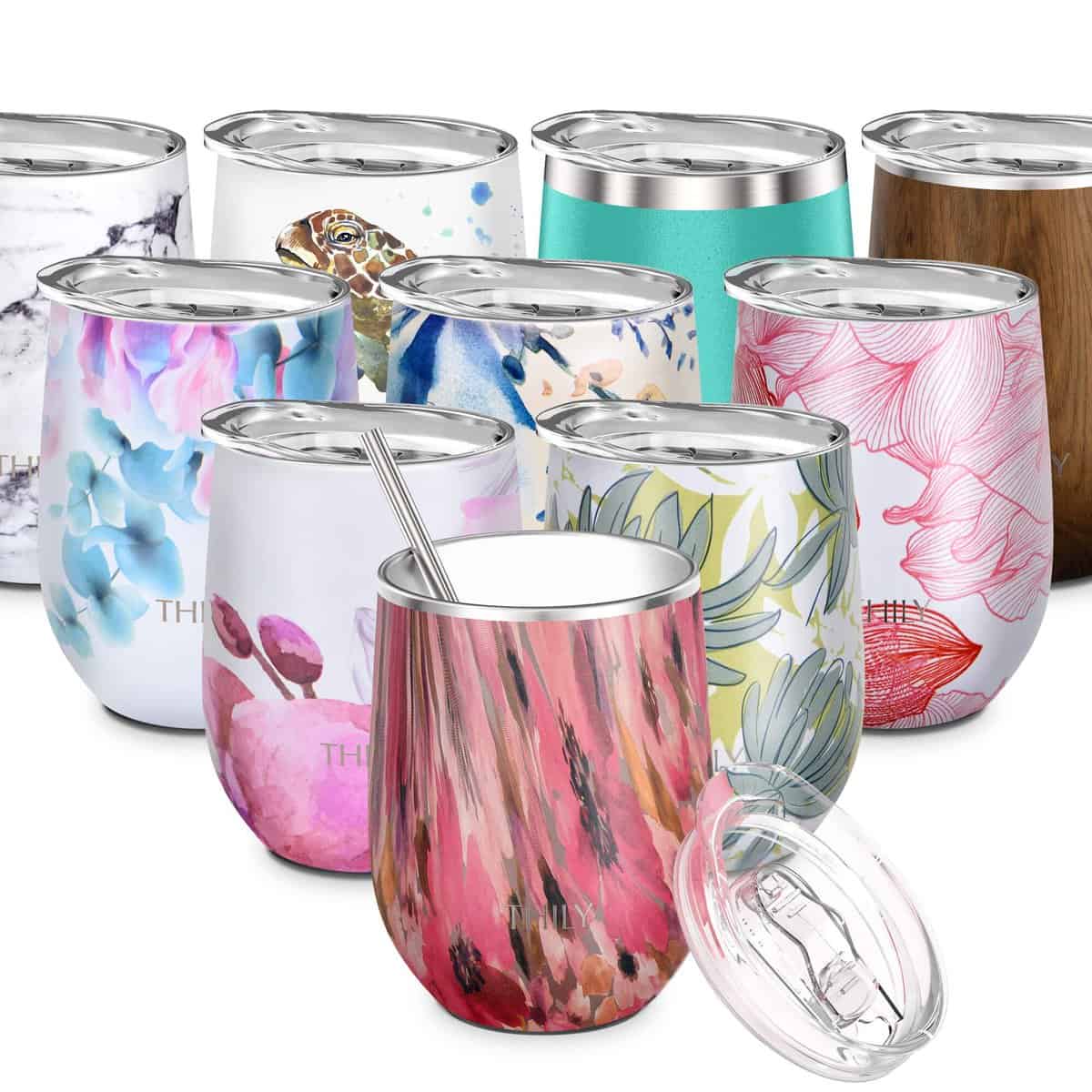 THILY Stainless Steel Insulated Wine Tumbler Stemless Wine Glass with Lid and Straw, Splash-Proof, Cute Travel Cup for Coffee, Cocktails, Gifts for Women, Her, Wife, Watercolor Flower