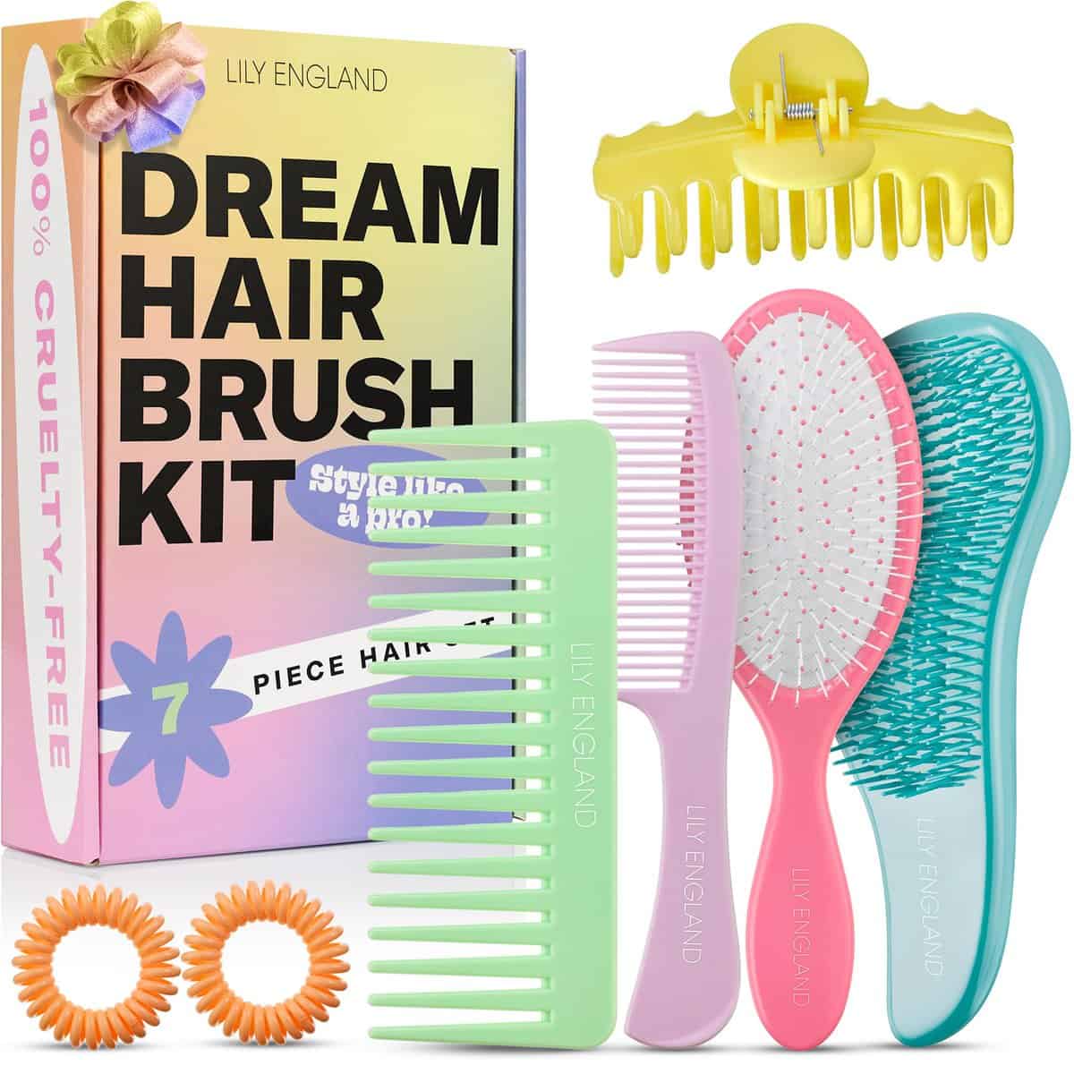 Lily England Teenage Girls Gifts Hair Brush Set, 7-Piece Kit with Detangle Hair Brush, Wet Hair Brush, Comb, Hair Ties & Claw Clip, Ideal Teen Girl Gifts