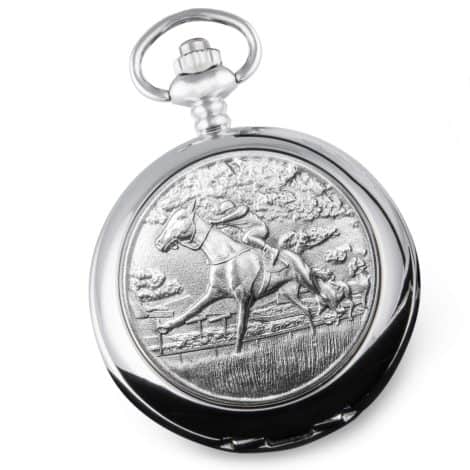 “Engraved Pocket Watch for your Spouse with a Horse Racing Case, presented in a Gift Box.”