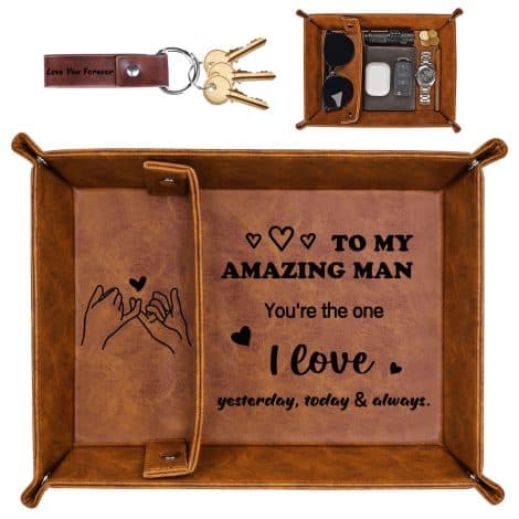 Christmas bedside storage gift set for him, a leather valet tray with a hidden message from wife, perfect secret Santa!