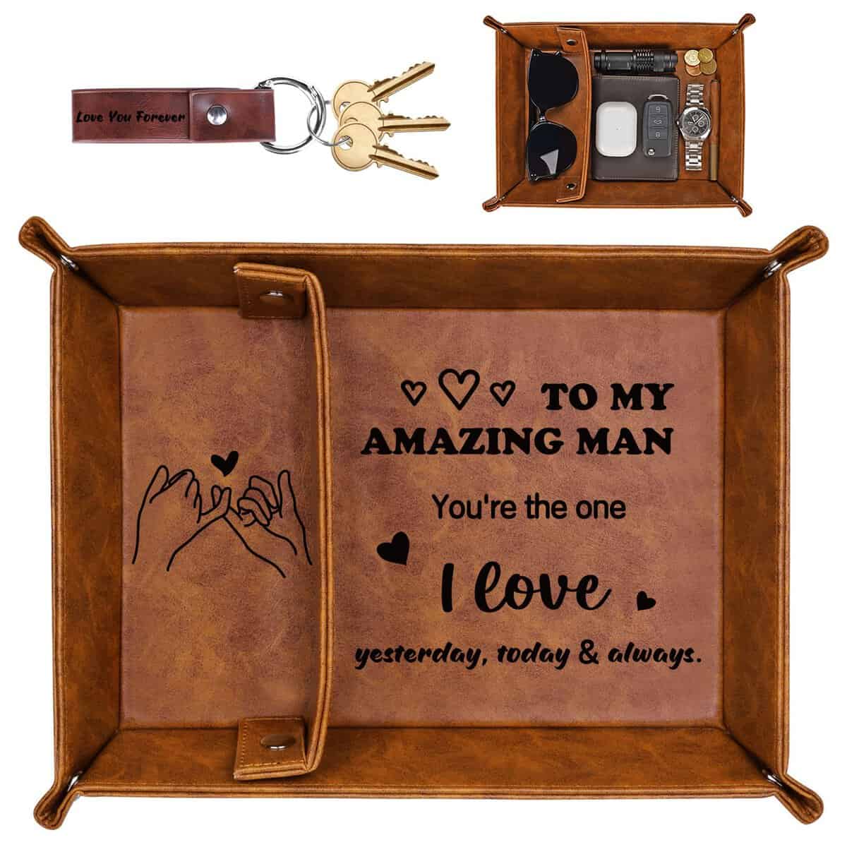 Christmas Bedside Organiser Gifts for Him Husband from Wife, Leather Valet Tray I Love You Secret Santa Xmas Gift Set for Mens Boyfriend, Birthday Presents Nightstand Tray Key Box for Mens Accessories