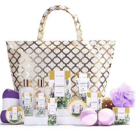 Spa Luxetique Lavender Bath Set: Lavender-packed 15 piece pamper gift for women in a golden bag, with body scrub, butter, and hand cream. Perfect for Mum or Her. (15 words)