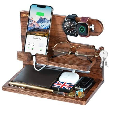 Wooden phone docking station with storage compartments for Christmas presents for men, fathers, grandfathers, and partners.