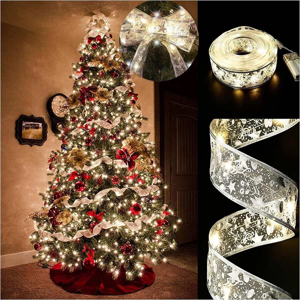 Christmas Tree Lights, 19ft/6m 60 LED Christmas Tree Ribbon Waterproof Fairy Lights Christmas Decorations Curtain Lights Hanging Fairy Lights for Bedroom Wall Garden Patio Christmas Tree Decorations