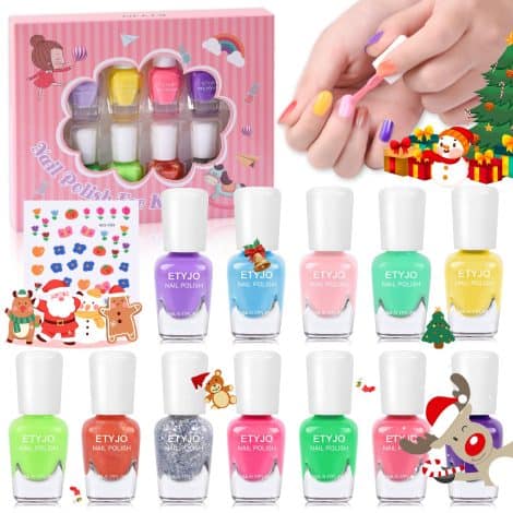 ETYJO Nail Varnish Sets for Girls: 12 Non-Toxic Peel-Off Kids Nail Polish Sets in Sweet Colors. Complete with Flower Nail Stickers. Quick Dry Water-Based Set, Perfect Gift for Teenage Girls 3+.