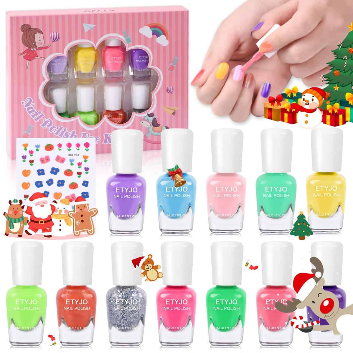 ETYJO Nail Varnish Sets for Girls, 12 Candy Colors Non-Toxic Peel-Off Kids Nail Polish Sets with Flower Nail Stickers, Quick Dry Water-Based Kids Nail Varnish Set Gift for Teenage Girls 3+