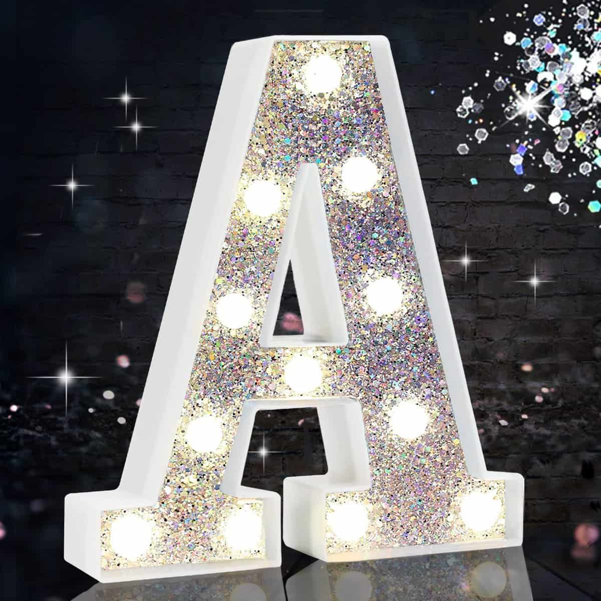 LED Marquee Letter Lights, Light Up Silver Letters for Bedroom Glitter Gifts for Teenage Girls Alphabet Letter Sign Battery Powered Night Light Birthday Party Wedding Home Decoration, Silver Letter A