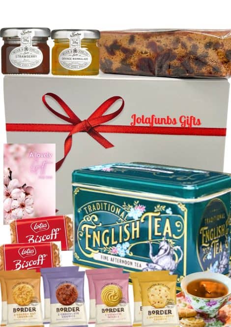 British Tea Time Hamper: 40 classic English tea bags, assorted biscuits, fruit cake, jam portions & greeting card. Perfect for Valentine’s or birthday gifts.