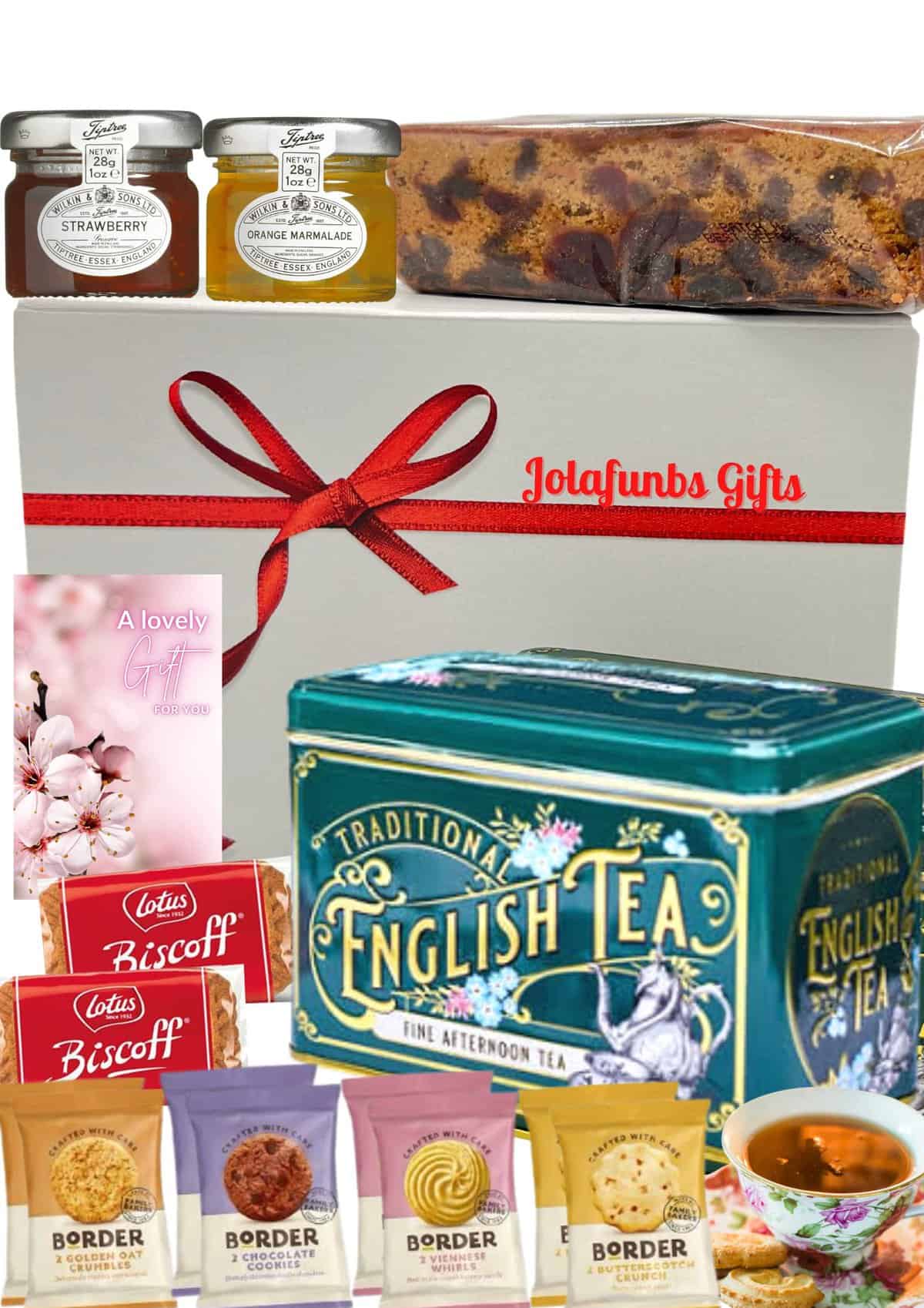 Afternoon Tea Hamper Gift, 40 Afternoon English Tea Bags, 8x2 Border Biscuits 2x Lotus Biscoff Biscuit, Fruit Cake, Jam Portions &Greeting Card, Valentine, Birthday Hampers For Women Food Gifts