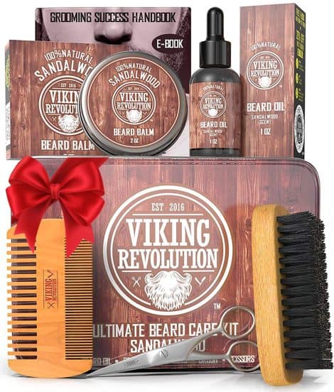 Complete grooming set for men’s beards – includes boar brush, wooden comb, sandalwood balm & oil, and scissors.