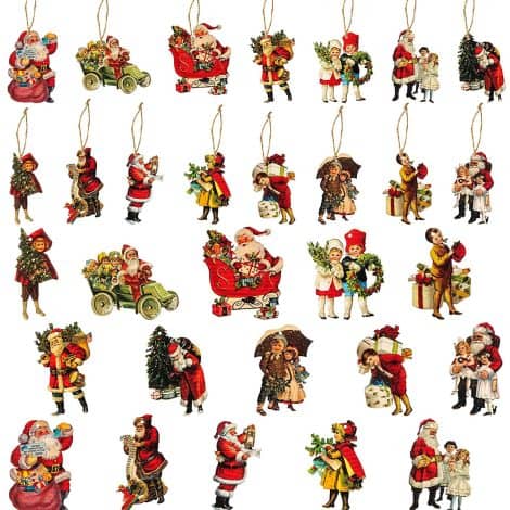 46 Vintage Victorian Christmas Wooden Ornaments – Festive Santa Claus Wood Hangings for Home & Party Décor.