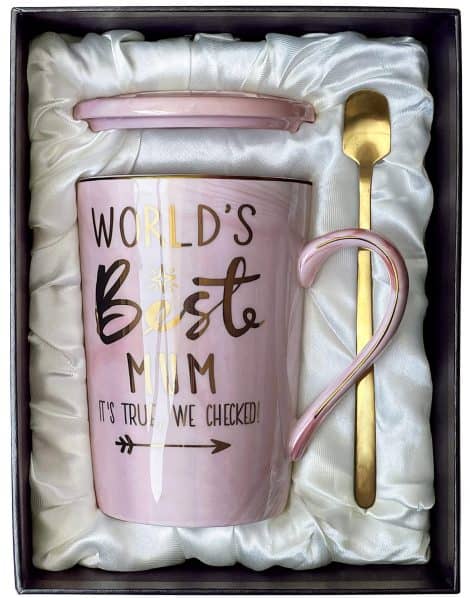 Birthday and Christmas Gifts for Mum: “World’s Best Mum” Mug, Funny Presents from Daughter/Son. Pink Marble Coffee Cup.