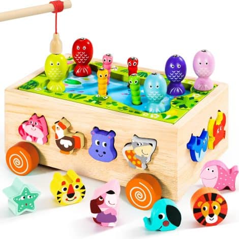 Wooden fishing game and shape sorter toy for 2-4 year olds, promoting fine motor skills. Perfect toddler gift.