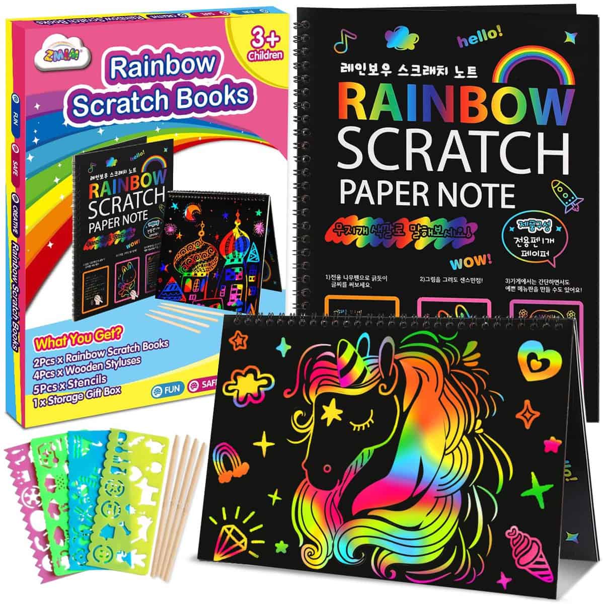 ZMLM Scratch Paper Art-Crafts Notebook: 2 Pack Bulk Rainbow Magic Paper Supplies Toys for 3 4 5 6 7 8 9 10 Years Old Girls Kids Favors Gifts for Birthday Halloween Christmas Party Game