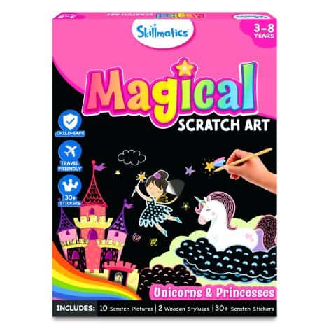 Skillmatics Unicorn and Princess Scratch Art Book – Craft Kit, Stickers, and DIY Activity. Perfect for travel and gifts. Suitable for kids aged 3-8.