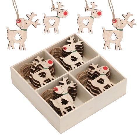 Woodland Christmas tree decorations with reindeer patterns, perfect for Xmas gift tags. Size: 2.4inch/6.2cm.