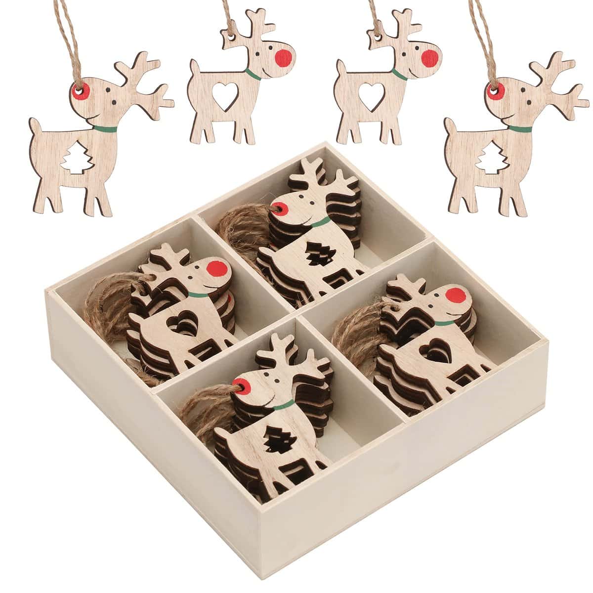 Valery Madelyn 24pcs Woodland Christmas Tree Decorations, Wooden Christmas Hanging Pendants, Xmas Tree Ornaments with Reindeer Patterns for Gift Tag, 2.4inch/6.2cm