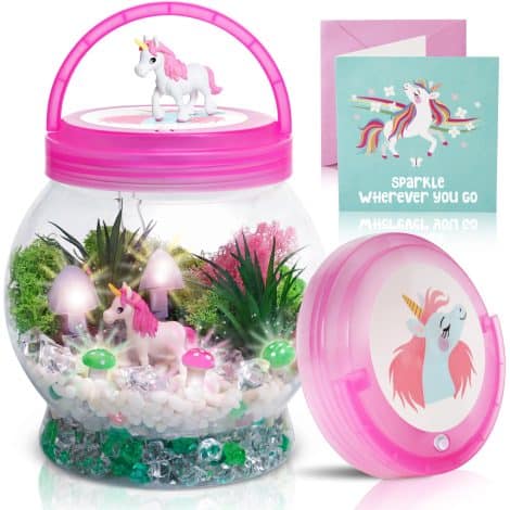 Light Up Unicorn Terrarium Kit – Create your own magical unicorn night light with this craft kit for 6-year-old girls.