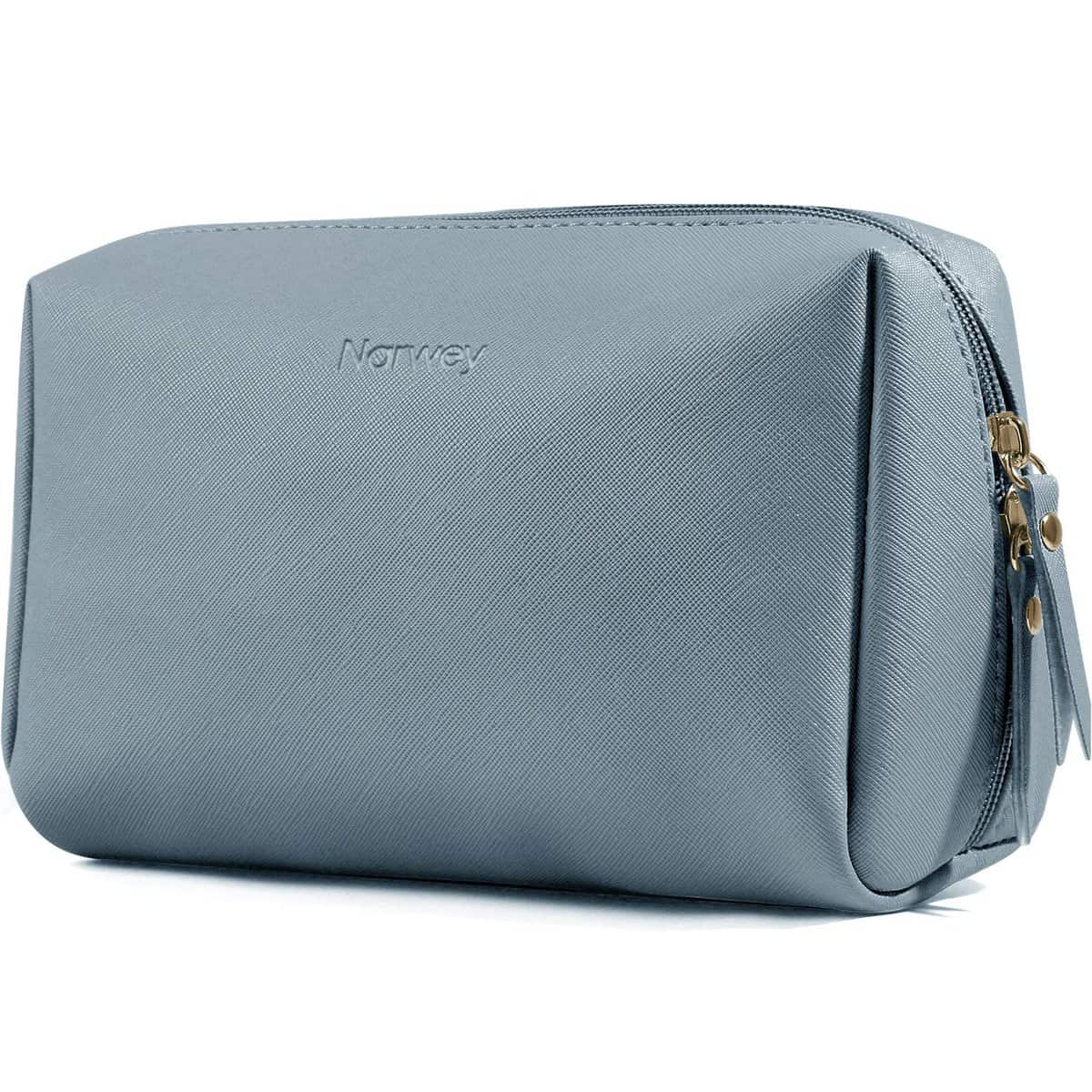 Large Vegan Leather Makeup Bag Zipper Pouch Travel Cosmetic Organizer for Women (Greyish Blue)