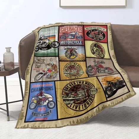 Motorcycle-themed Flannel Fleece Throw – Perfect gift for bike enthusiasts of all ages! 101cm x 127cm.