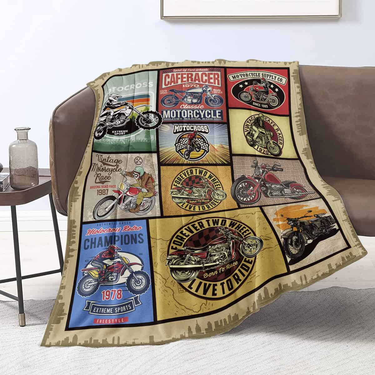 Motorcycle Blanket Throw Gifts for Motorcycle Lovers Motorcycle Club Blankets for Men Women Retro Soft Lightweight Flannel Fleece Blanket for Kids Bike Ride Lover Throws for Couch Sofa, 101cm x 127cm