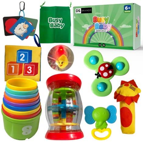 DS Brands Baby Toys – Developmental toys for infants and babies, including stacking cups, suction spinner, rainmaker, flashcards. Perfect newborn gift.