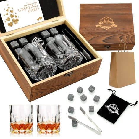 EXREIZST Whiskey Stones, Whiskey Glass Gift Set, Whisky Rocks in a Handmade Wooden Box for Cool Drinks without Dilution – Set of 2 Whisky Glasses, Perfect Gift for Dad, Husband, Men.