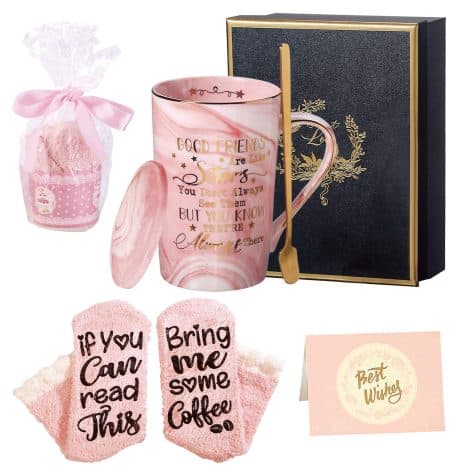 Gifts for female friends on their birthday or Valentine’s Day – funny and thoughtful presents like socks and a cupcake-themed coffee mug.