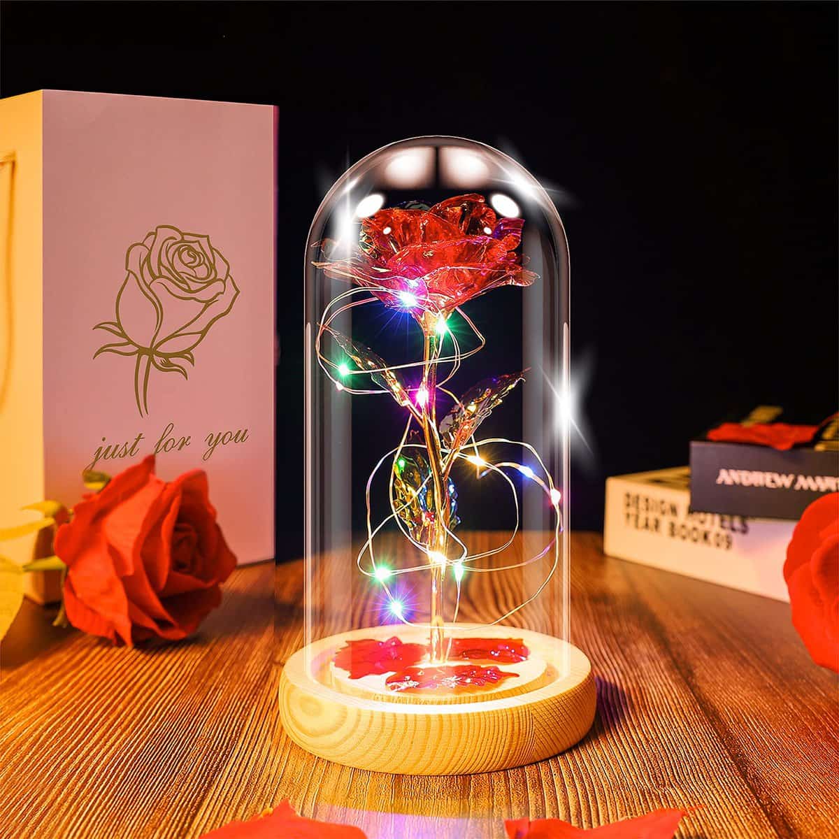 Ptesuply Beauty and The Beast Rose Lamp In the Glass Dome, Eternal Rose Artificial Flower with LED Light, Gift for Women Girl for Birthday Valentine's Day Mother's Day Christmas Anniversary