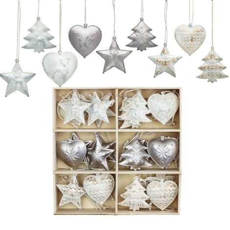 Valery Madelyn 24-piece Silver and White Christmas Tree Ornaments, featuring Frozen Winter vibes and festive shapes.