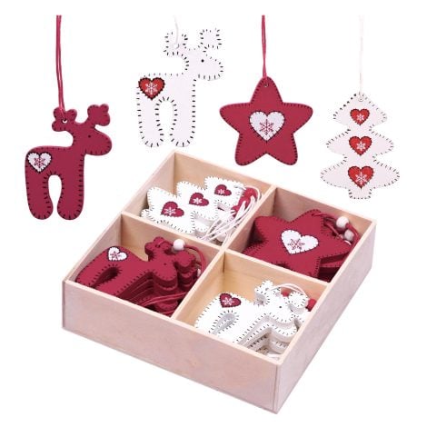 Valery Madelyn 24-piece Classic Red and White Christmas Tree Decorations, Wooden Hanging Ornaments for Xmas.