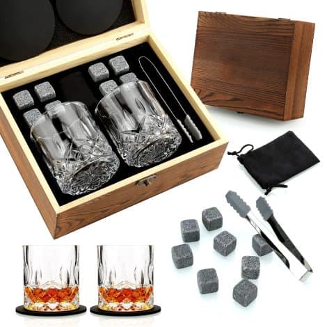 A set of 2 crystal whisky glasses, whiskey stones, and a wooden box, perfect for gifting. Ideal for men on special occasions.