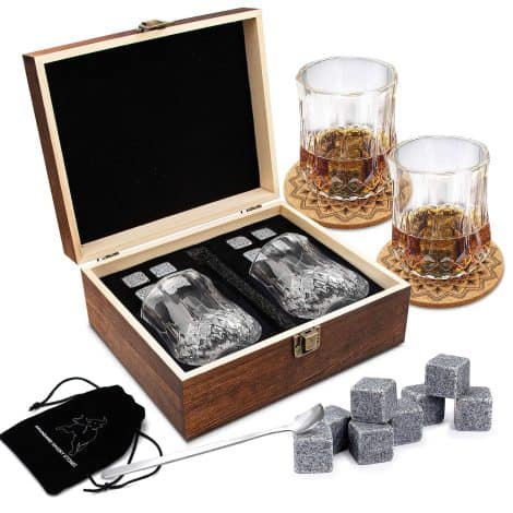 “Ultimate Whisky Lover’s Gift Set: 8 granite wine stones, 2 whisky glasses, stainless steel spoon, coasters, and storage pouch in a premium wooden box. Perfect Valentine’s gift for male friends.”