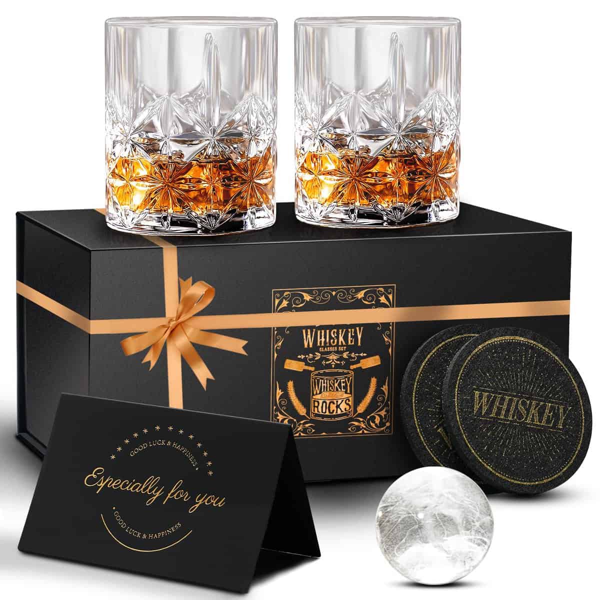 KAQ Whiskey Glasses, 320ml Whisky Glasses Set of 2, Lead-Free Crystal Whisky Glass Gift Set, Personalised Whiskey Gift Sets for Men, Whiskey Tumbler for Scotch Bourbon Gin Rum Negroni Brandy