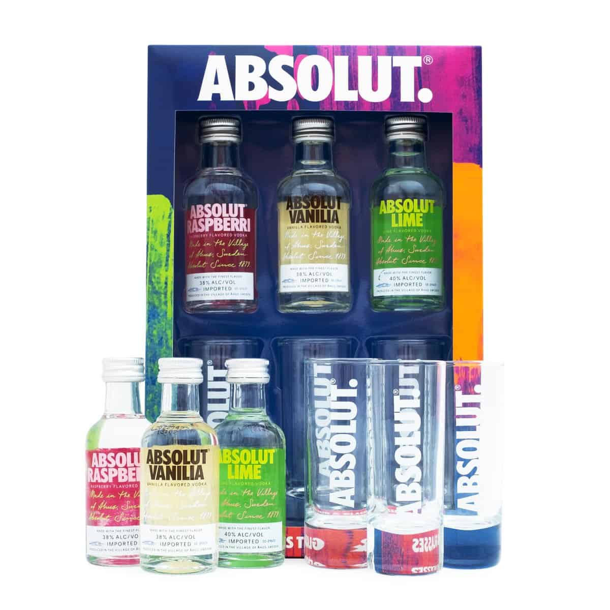 Absolut Vodka Gift Set - Flavoured Vodka Set, 3 x 50ml Vanilla Vodka, Raspberry Vodka, Lime Vodka Alcohol Miniatures, x 3 Mini Vodka Shots Glass - Birthday, Christmas Vodka Gifts for Men and Women