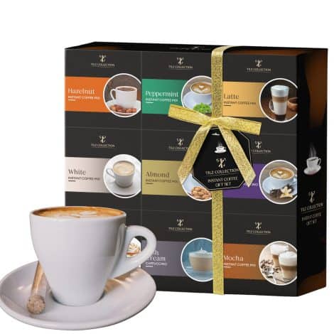 Christmas Coffee Selection Box – 9 Instant Coffees in Hazelnut, Caramel, French Vanilla, Irish, and Latte flavors. Perfect gift for coffee lovers.