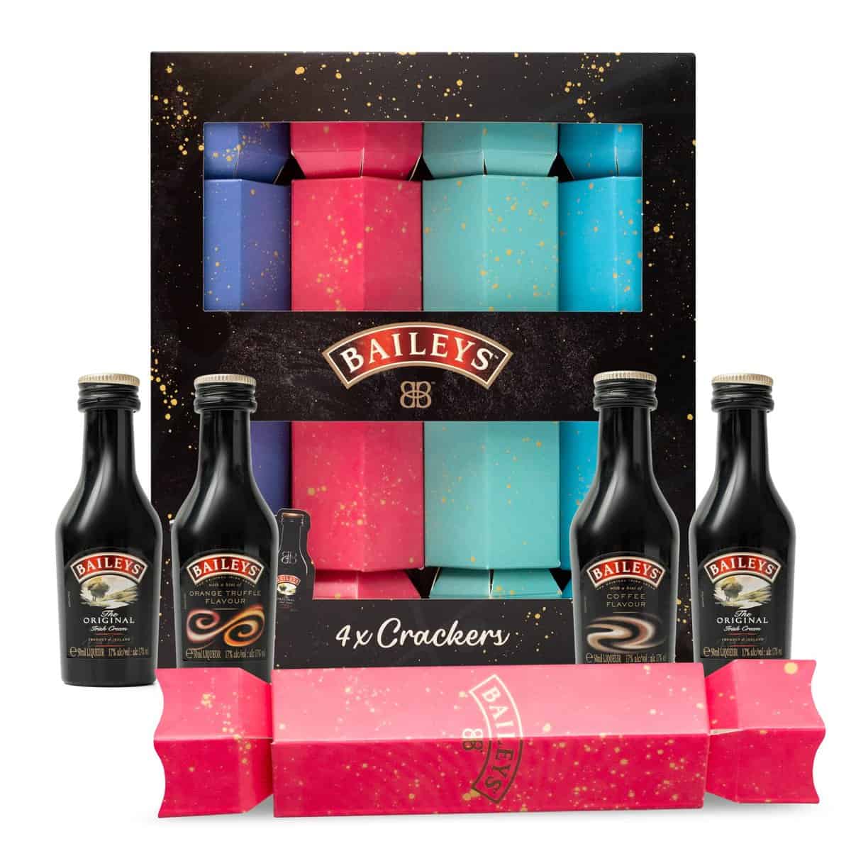 Baileys Christmas Crackers Luxury - 4x 5cl Baileys Alcohol Miniatures - Original Irish Cream Liqueur, Coffee Chocolate Liqueur & Orange Flavour Mini Liqueurs - Miniature Bottles, Xmas Cracker Gifts