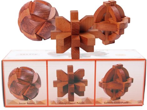 Wooden puzzle set featuring brain teasers: Galileo Globe, Halley’s Comet, and Lock Ball. Perfect for gifting.