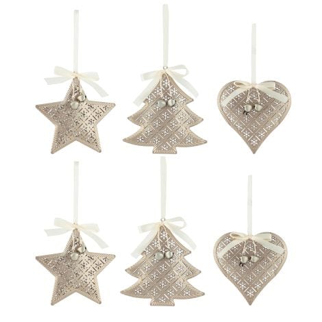 Valery Madelyn Champagne Gold Christmas Hanging Ornaments: Set of 6, Scandi-style, with Star, Tree, Heart-shaped Patterns. 5 Inch.