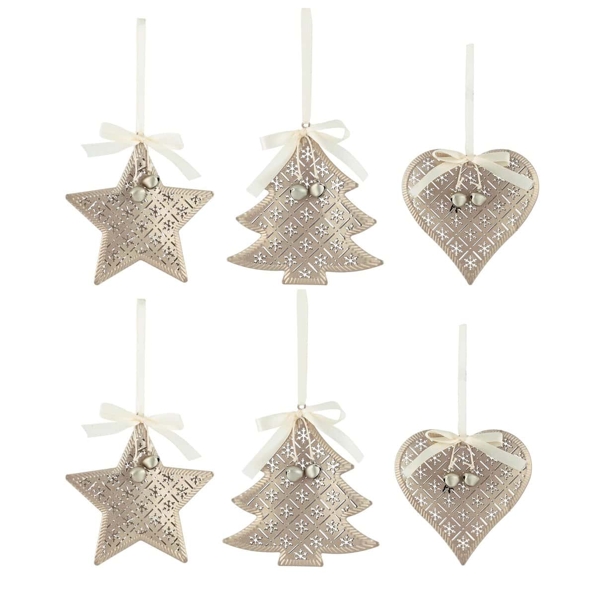 Valery Madelyn Christmas Tree Decorations 6pcs Metal Champagne Gold Christmas Hanging Ornaments Pendants Scandi Xmas Tree Decoration with Star, Tree, Heart-shaped Patterns (5 Inch)