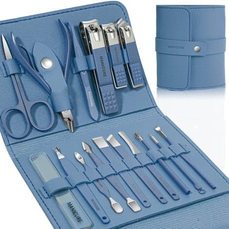 Luxurious Travel Leather Manicure Set, 16-Piece Nail Care Kit, Perfect Gift for Men and Women. (Blue)