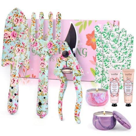 Gardeners’ Delight: 8-piece set of gardening tools, hand creams, candles, and gloves – perfect for female gardening enthusiasts and mums.