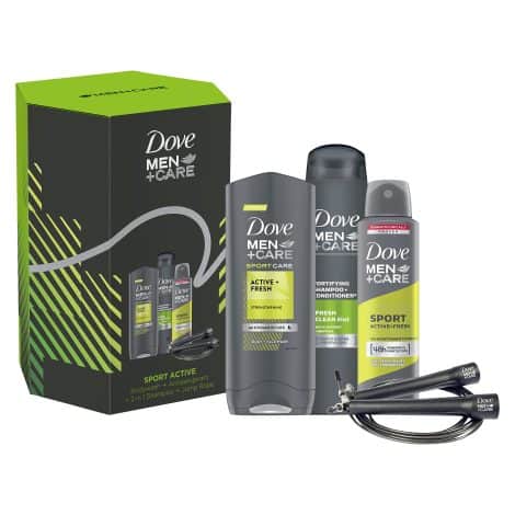 Ideal gift set for men: Dove Men+Care Sport Active Trio, including body wash, shampoo & conditioner, and anti-perspirant, with a jump rope.