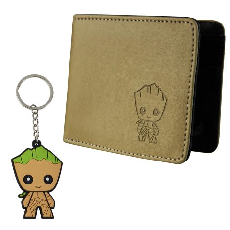 Groot-themed card wallet and keyring set for men and teenagers; perfect gift choice for men. (Beige Groot)