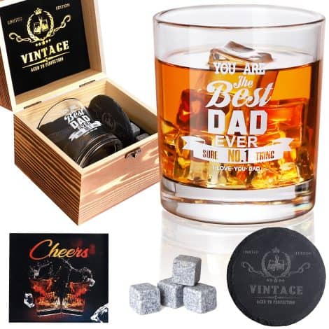 Tecanne’s Whiskey Glass Set: The Perfect Gift for Dad’s Birthday or Father’s Day, Complete with Wood Box, Stones, and Coaster.