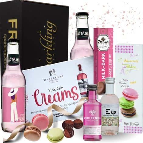 Gin Lovers Pink Gin Gift Set: The perfect boxed hamper of gin, chocolates, and birthday treats for her.