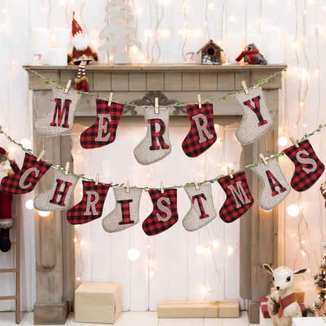 Christmas burlap banners in charming sock shapes with festive Merry Christmas greetings, ideal for decorating walls, trees, and fireplaces.