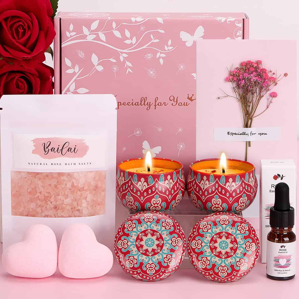 Rose Birthday Pamper Gifts Box for Women, Unique Self Care package for Her Pamper Hampers Kit for Women, Relaxation Spa Gifts Set Get Well Soon Gift Ideas for Women Best Friend, Mum, Sister, Wife